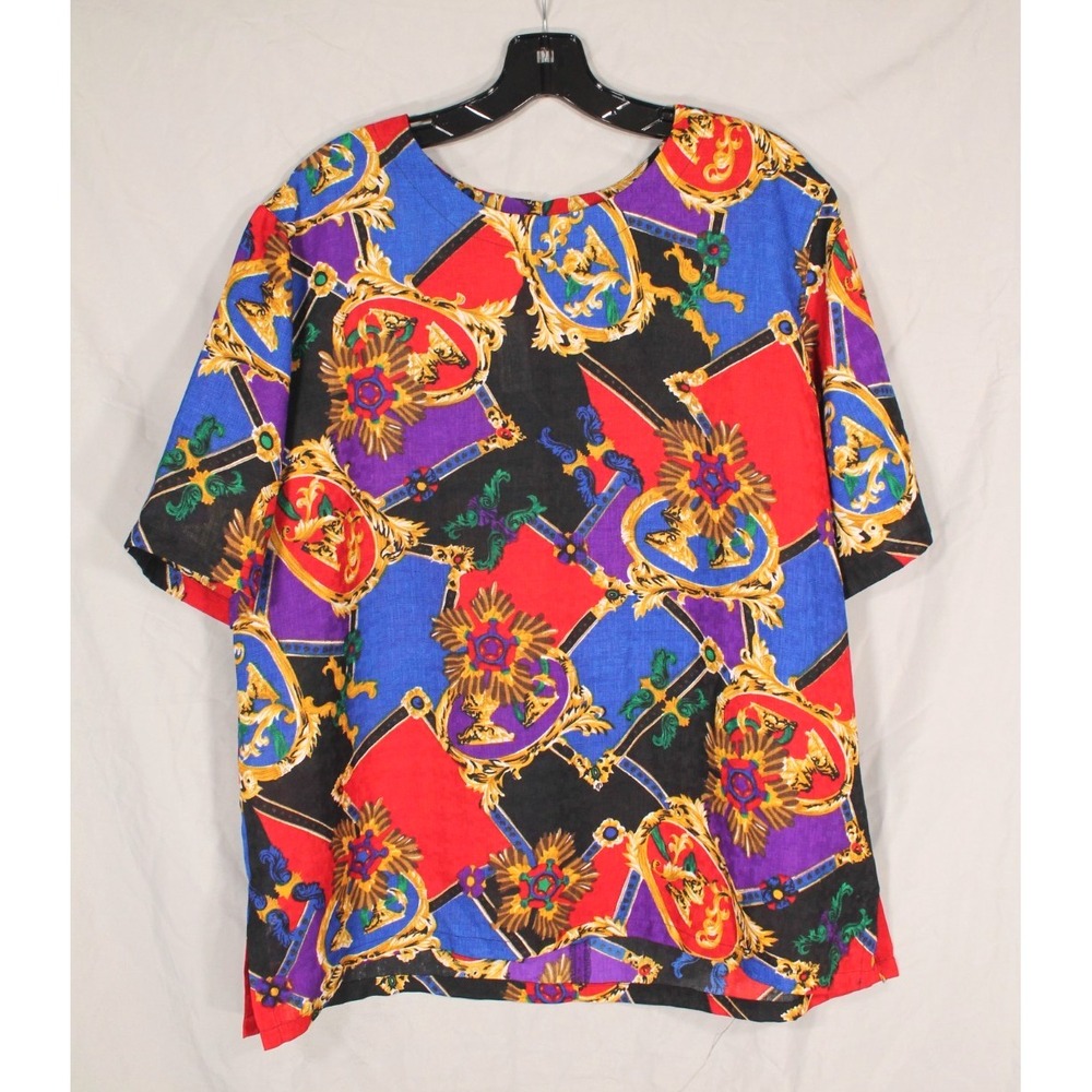 VTG LILLI ANN Multicolor BAROQUE PRINT Crepe BUTTON-BACK Blouse/Top Sz XL